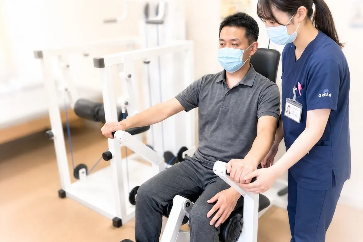 リハビリ室でスタッフが患者の下肢運動を介助している様子